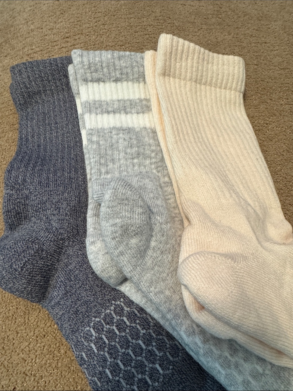Bombas Unisex Crew Socks 3-Pack in Navy, Light Gray, and Cream